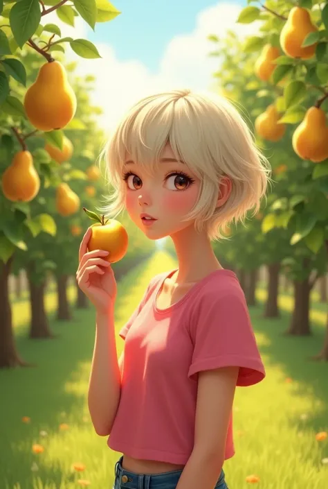 Blonde girl, short hair, standing in a pear orchard, eating a doyenne pear, pink top, sunny, 