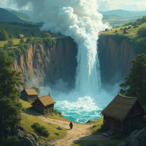 Generates a concept art style illustration for me, viewed from above. Lets imagine a natural disaster (the flood) the surface of the ground cracks in a long, very deep groove, from its interior emerges a large geyser of pressurized water that expels a torr...