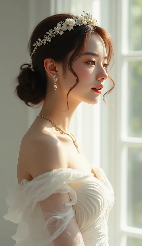 (Highest quality)),(Ultra-high resolution),(Super detailed),(Detailed Description),((The best CG)),(masterpiece),Highly detailed art,(Art with precise details:1.5), (Woman in a pure white dress:1.3),Beautiful profile:1.4,(Smile:1.3),Sparkling Jewelry:1.2, ...