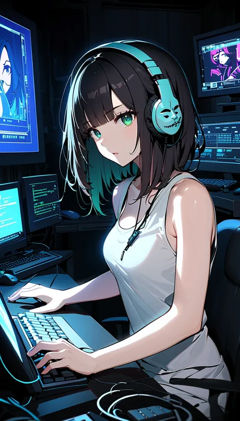 (  Masterpiece ,  best quality),  young girl focusing on a computer screen in a dimly lit room holding hands on a keyboard ,   her face is illuminated With blue and green lights on multiple monitors . Alone,( Guy Fawkes Mask  appears on the monitor,   writ...