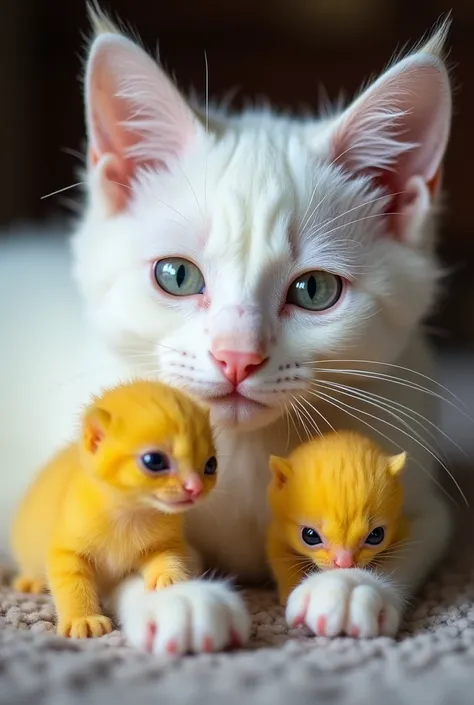 One big white female cat with a small black dot,a little cat with a yellow dot on its head, three very small kittens born yesterday (one white one with a black dot on head,two ones with yellow body with small white dots