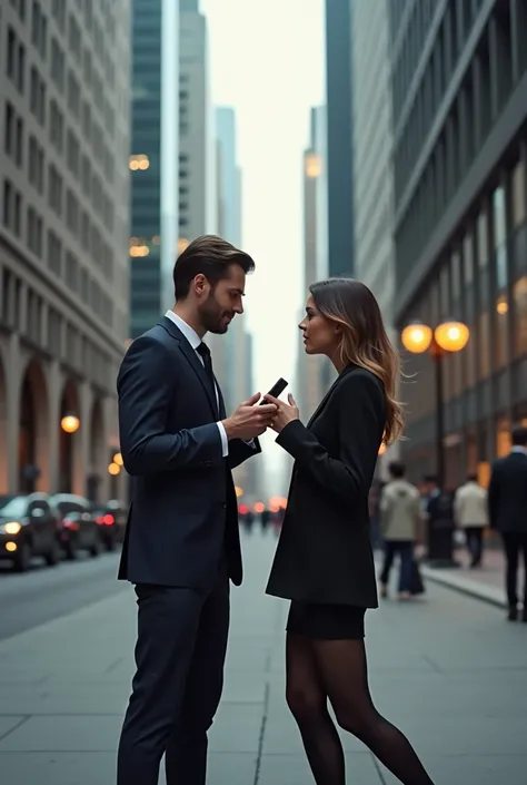 Create a romance novel book cover. Man and woman crossing paths while using cellphones. Make it look modern.