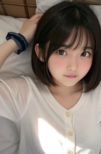     cute女の子    、      short hair、smile、shy、cute、     bed、Light clothing、    clear    、           beautiful eyes     、20 years old、A little angry face、      plump cheeks  (1 person)