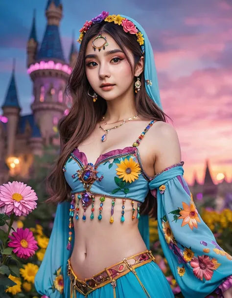 colorful, sky, flowers, magical, fantasy, tale, top-quality,Beautiful detailed hijabi,Bewitching face,tzuyu iu yooa ,long lashes,Wearing a colorful bellydancer,Detailed details,Colossal ,With cleavage, underboob, sideboob,stares at the camera, hogwarts, fu...