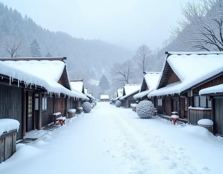 masterpiece,best quality ,ultra detailed,, Japanese countryside, old houses, winter, heavy snow, heavy snowfall, large amounts of snow, snow so high that it fills the roads and entrances,