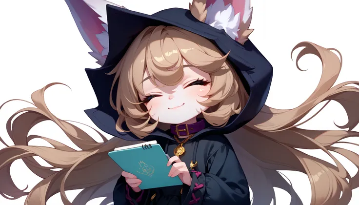 (masterpiece:1.3), (best quality:1.3), (very detailed), (anime style:0.1), game cg, anime coloring,((simple white background)),VexLoLXL,big eyes,yordle,shortstack,red eyes,((light brown hair,bangs,long hair)),shiny_skin,white_skin,white skin,black hood,hoo...