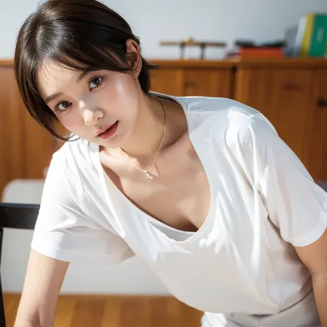 Downblouse,  school girl , munechira,(((small breasts))), looking away, leaning forward,bending over , from side above , close up, necklace ,in classroom,short sleeved school white blouse shirt, within decolated detailed bra , short hair,sitting on chair a...