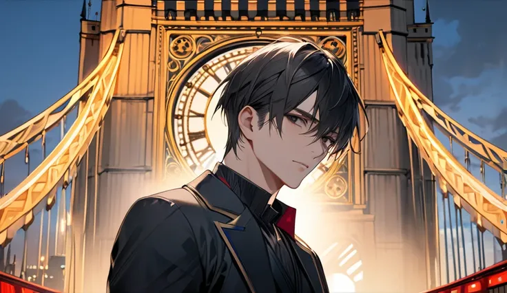 Japanese, 23-26, Handsome man,  fair skin, black eyes（thin eyes 1：3), (Super detailed, best quality, 4K, High resolution, masterpiece:1.3)  , UK, Tower Bridge or big ben, half body