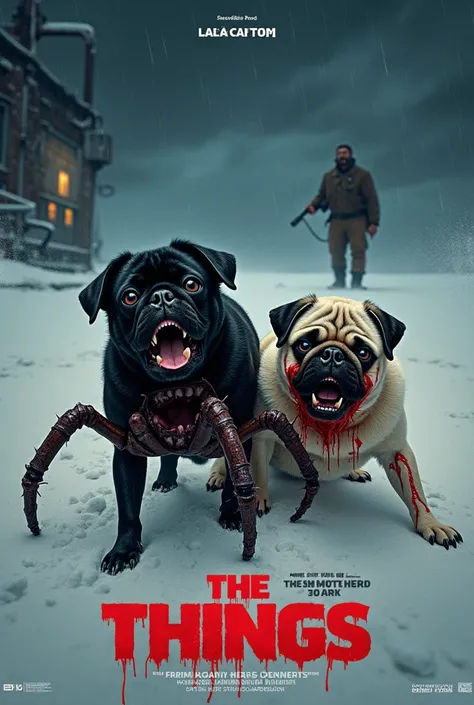 A horror movie poster in the style of the 1980s, inspired by John Carpenters *The Thing*.  
In the foreground, two pug dogs—one black, one white—are caught in the midst of a gruesome, explosive body mutation. Their forms are twisting and merging into a gro...