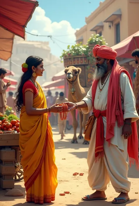 A bustling village market with a manihari, a young woman in her late 20s, wearing a bright yellow saree with a red border, bangles jangling on her wrists, holding a basket filled with colorful glass bangles. Beside her, a sabziwala, a sturdy middle-aged ma...