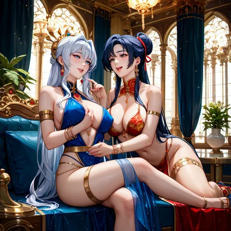 (( best quality)), ((masterpiece)), ( Details), （ perfect face）、The woman concubine in Harlem is a blond Fate Testarossa, wears gorgeous jewelry accessories in a luxurious harem room, and looks like a Chinese womans concubine, and she happily hugs and love...