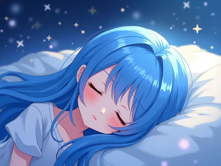  anime style,  1 girl ,  long hair, Falling asleep、Blue hair is cool、🌟