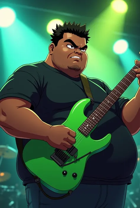 anime style character a chubby black man with short hair, a small haircut with a parting in his hair, he looks angry or serious, he has a bright green guitar in his hand behind him and as if it were a show with lights, his hair is short with a gradient