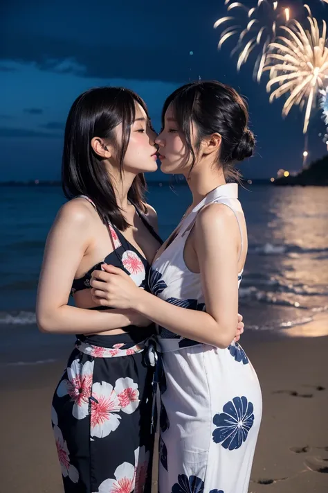 Japanese、Age 25、younger sister、Randomly generated people with diverse facial features and hairstyles々、Perfect Anatomy,Ocean、Beach、firework、Night Sky、firework、yukata,lerge breast, kiss