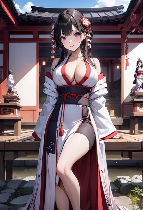  best quality、 super precision 、Detailed drawing、Exact depiction 、 vibrant colors、alone、Beautiful girl 、Age 30、Japanese Temples、blue sky、cloud、Shrine maiden、Beautiful big boobs、Sit on the bench、Pond and carp 、 gravel 、 Obon and Japanese sweets、smile、Beauti...