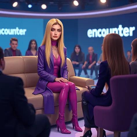 Young thin woman,  long straight blonde hair  ,blue eye ,purple coat,  clothed in pink leather  ,Long purple boot  ,  giving an interview on the TV show ,  sitting on the large sofa with several people on the side ,  and the audience watching ,  on the scr...