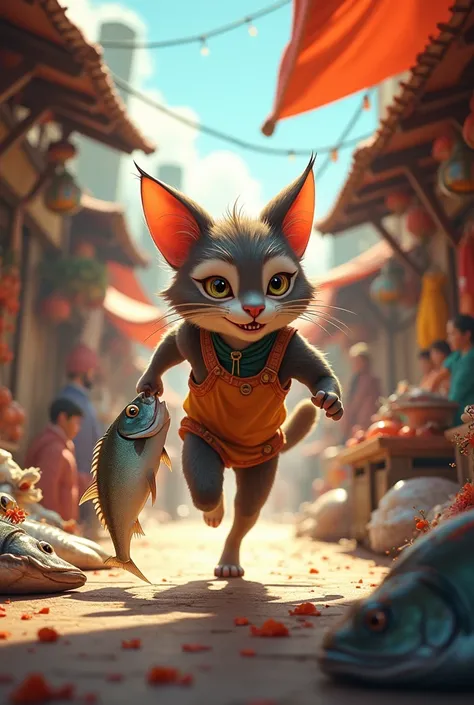 Create a  image of an anthropomorphic cat running on two legs, carrying a fish it snagged from a lively local fish market. The scene should have vibrant like a real local market 