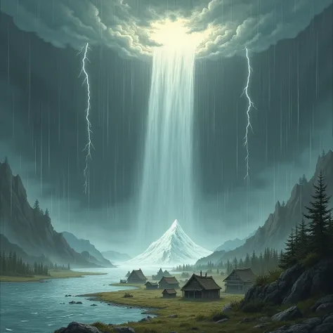 It generates a conceptual art style illustration for me. Lets imagine a natural disaster (the flood), a gray and stormy sky that flashes lightning, the clouds burst into a heavy rain, from inside the clouds waterfalls spring up that fall to the earth with ...