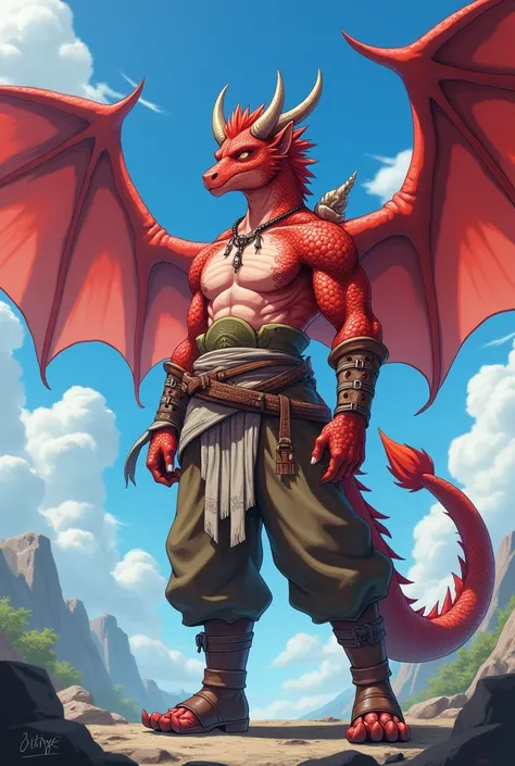 Anime Fantasy Dragon Shifter Eijiro Kirishima spiky red hair, red eyes. Two horns. Wings. Wearing a wrap around his waist and brown boots.