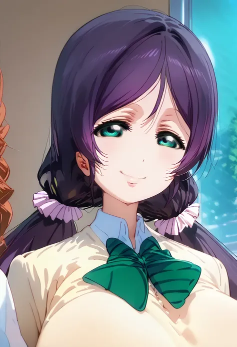 (( best quality))), (  Details), 8k, nozomi toujou, green eyes, purple hair, twintails, low twintails, scrunchie, long hair,Paizuri,school uniform,huge breasts,1boy,throw,smile