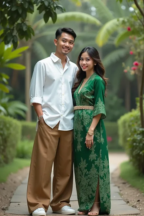 Indonesian couple standing. The handsome man wears traditional Balinese clothes, cloth trousers, sneakers, while the beautiful woman wears traditional Balinese green kebaya, high heels, they both smile while looking at the camera. they both stand outdoors ...