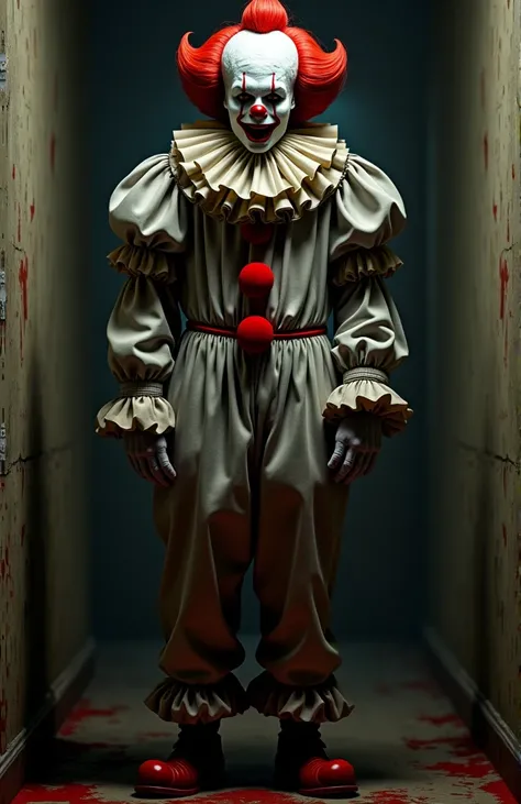 From the movie Terrifier 3 , I want an image to appear of Art the clown standing and greeting with a terrifying face and hanging around his neck the face of Santa Claus that appears in the movie.  be guided by the reference image 