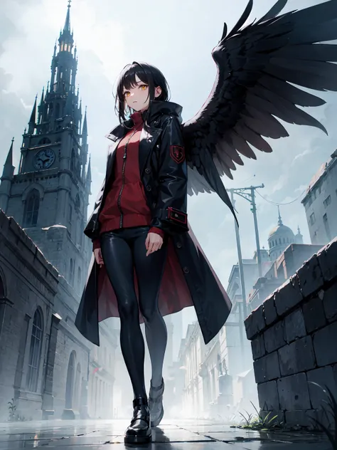 beautiful feminine 1girl with black hair, yellow eyes, big bird wings on the spine, black pants, black coat, black shoes. Dark medieval castle in the background. More fog. Full height, model pose