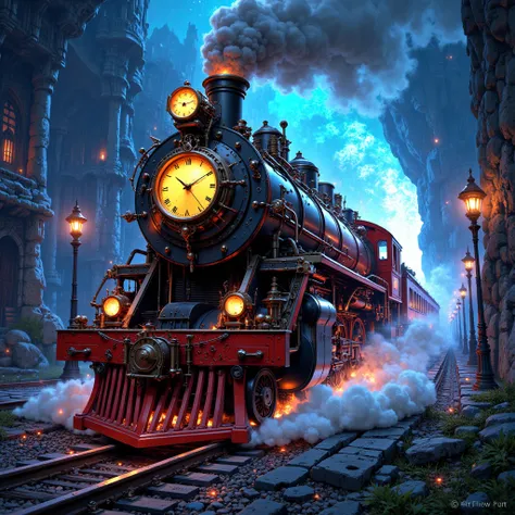 a steam train coming out of a portal. the train has a clock on its front. the portal it comes out from is magical and glows brightly.