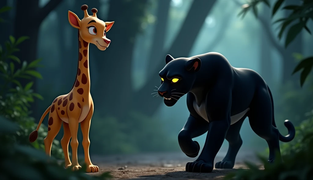 "A 3D animated Disney-style scene showing Ginger, a light tan giraffe with dark brown spots, frozen in fear as a sleek black panther with glossy black fur and golden eyes emerges from the shadows. The panther’s sleek fur and glowing eyes create a tense, th...