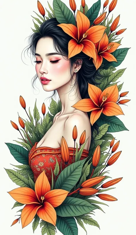 A mesmerizing portrayal of a radiant Thai woman, her form seamlessly intertwined with an intricate symphony of exotic flowers and lush foliage. The composition bursts with vivid, tropical colors, rendered in a high-resolution pen-and-ink style sketch with ...