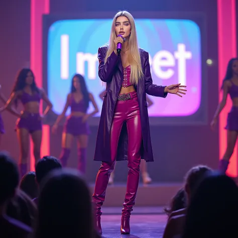 Young thin woman,  long straight blonde hair  ,blue eye ,purple coat,  clothed in pink leather  ,Long purple boot  ,  she singing with a purple microphone ,On the TV show , with her dancers and audience  ,With the screen written I meet 