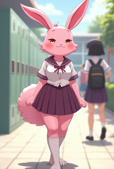 Pink Rabbit Manuit,Long ears ,Two legs,Have breasts, wearing Thai school uniform