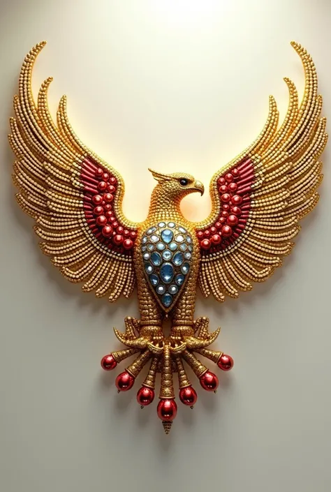 create an image of an eagle with open wings like the one on Elvis Presleys outfit, except that the eagle is made of gold pearls, red pearls, blue pearls