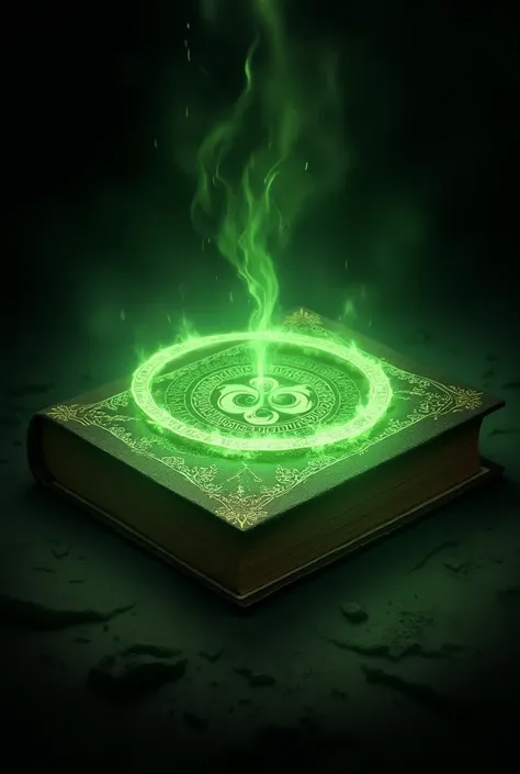 A closed book emanating magic in the shape of a green ring, with various writings on this ring, green and magical spellings, all black background 