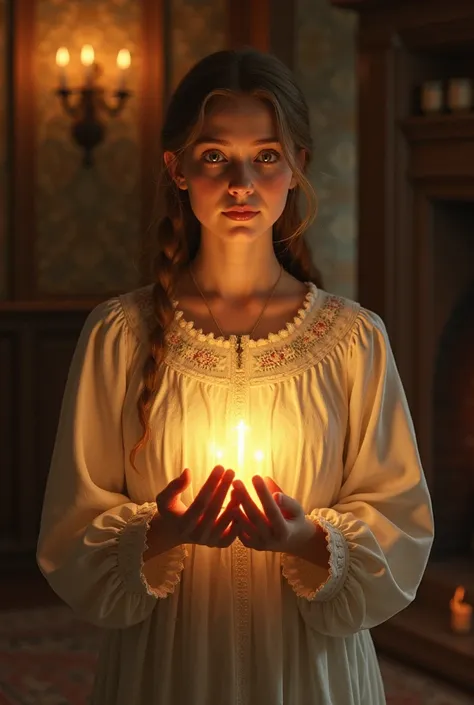 Glowing beautiful puritan girl in a colonial home.