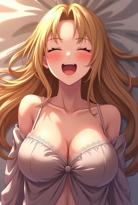 1girl, Large breasts, High Resolution, Blush, Open Mouth, Anime, Cowboy Shot, Closed Eyes, Blonde Hair, 