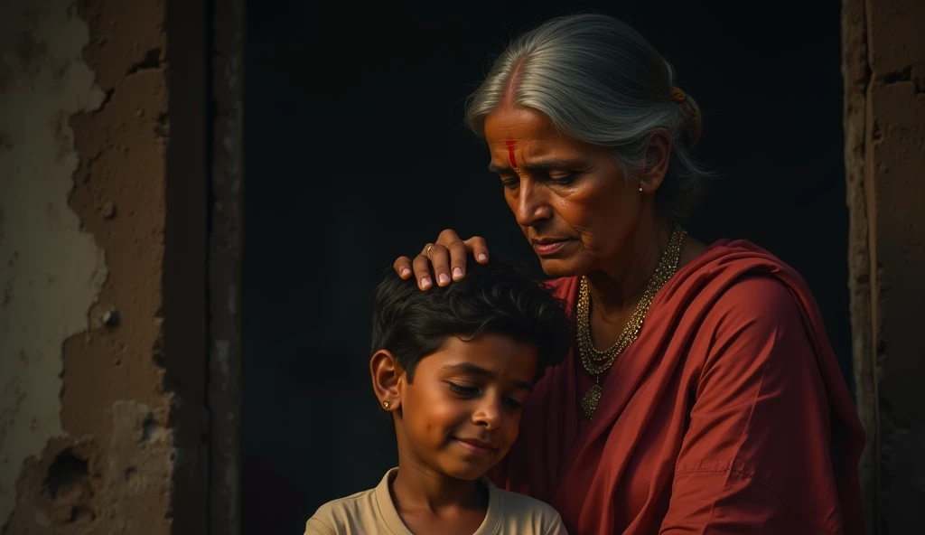 "A 50-year-old woman wearing a traditional Indian sari, standing in a dimly lit, rustic setting. Tears are gently falling from her eyes as she lovingly places her hand on her sons head. The son, a young boy, stands close to her, looking calm and comforted....