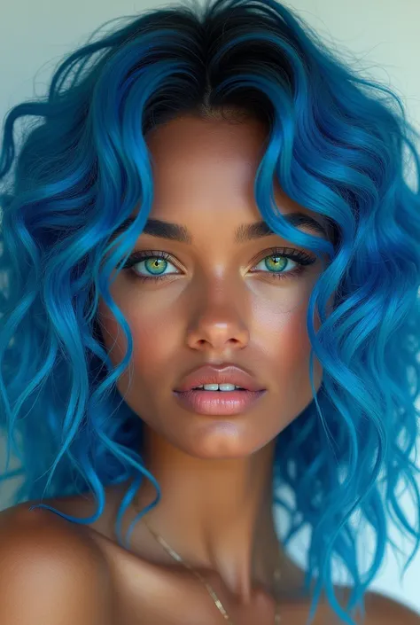 25-year-old mixed race woman with green eyes and curly blue hair