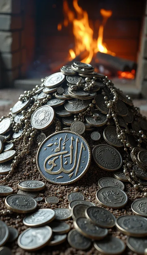 
Spillings Hoard
"Design the Spillings Hoard with mounds of silver coins, jewelry, and artifacts piled together, emphasizing the sheer weight of 67 kilograms of treasure. Include a rare Islamic coin inscribed with ‘Moses’ prominently displayed, with a rust...