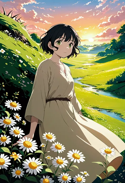  An adult character , with black skin and frizzy black hair,  with light brown eyes that convey serenity and depth.  Your look is inspired by Studio Ghibli , with soft features,  productions and a rich and natural color palette .  He is dressed in simple c...