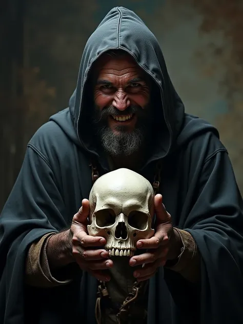 an executioner from medieval holding human skull in his while he smiling