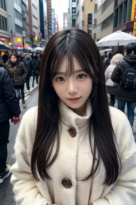 winter, urban area, Tokyo, in the day, gorgeous cityscape, amid the crowd, slightly snow on the park, dressed in warm winter fashion, neat fashion, clean appearance, tilt head forward, fidgeting, expression of heart is pounding with tension, blushing, long...