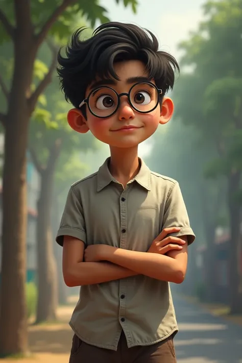 A Bangladeshi boy is standing and thinking. He has a pair of glasses on his eyes like a professors.