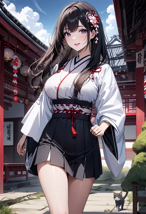  best quality、 super precision 、Detailed drawing、Exact depiction 、 vibrant colors、alone、Beautiful girl 、Age 30、Japanese Temples、blue sky、cloud、Shrine maiden、Beautiful big boobs、Sit on the bench、Pond and carp 、 gravel 、 Obon and Japanese sweets、smile、Beauti...