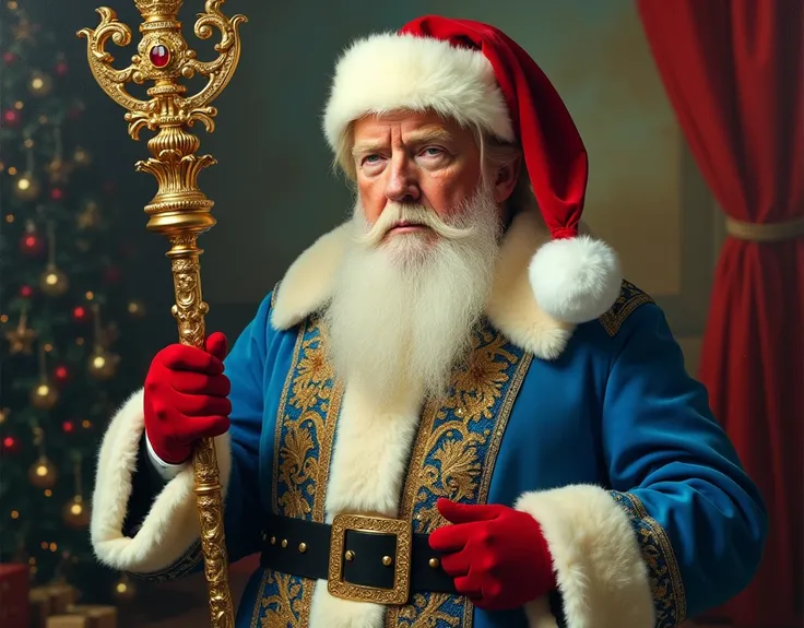  The image shows Donald Trump in Santa Clauss clothes, Santa Claus is the face of Donald Trump .

 Santa Claus is depicted in a traditional image : red hat ,  white beard , blue coat .

However,  The image of Santa Claus in the image differs from the usual...