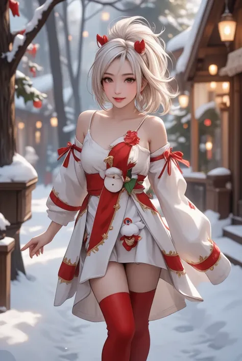 Fashion dresses by the latest designers that combine Christmas-related elements such as Santa Claus, reindeer, fir trees, and the Star of Bethlehem, red thigh-high boots, cool beauty, white shiny silky messy half updo, amorous and lewd expression, captivat...