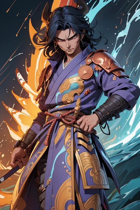 "Depict Susanoo, the storm god from Japanese mythology, in battle against Yamata-no-Orochi, the eight-headed serpent. Susanoo stands tall and powerful, his wild hair whipping in the storm. His eyes blaze with focus and resolve. He is clad in ornate armor d...