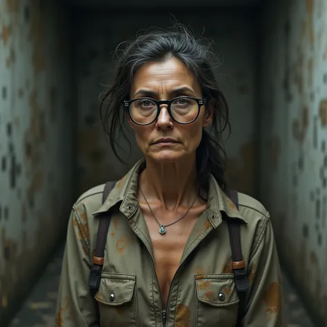 A post-apocalyptic image. Full face portrait image,  jumpsuit with the characters head exactly in the center of the image. A tired woman with glasses wearing a dirty . In the background, the wall of an abandoned bunker.