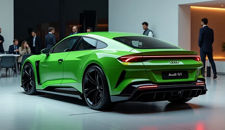 Create straight  side    view of a modern 2025 Audi e-Tron GT –  in Infinite Tactical Green, color in Lexury Bright showroom background captured from straight back   view in sports look and overall 3d render and reflecting lights on car body and write Audi...