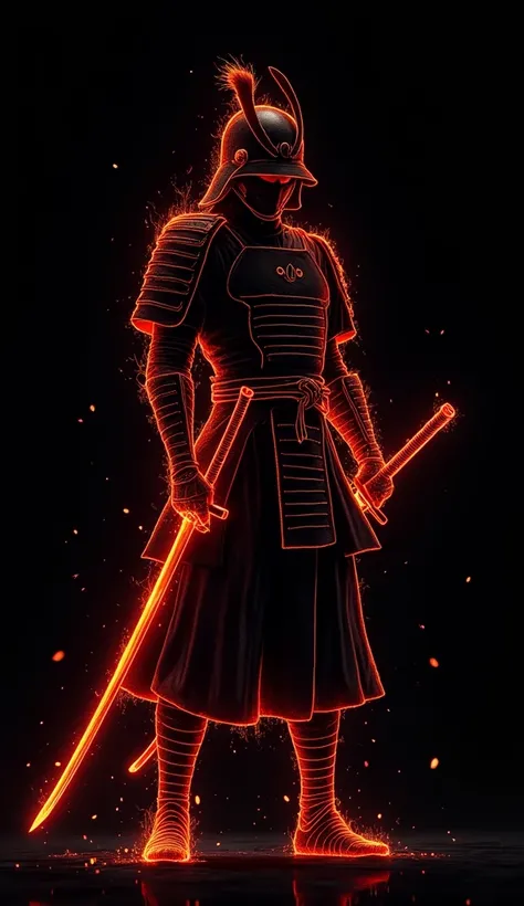 A minimalist illustration of a samurai figure holding a katana. The design emphasizes glowing, red-orange lines tracing the figures armor and sword, while faint embers radiate from the edges. The ultra-black background accentuates the dynamic, fiery glow, ...